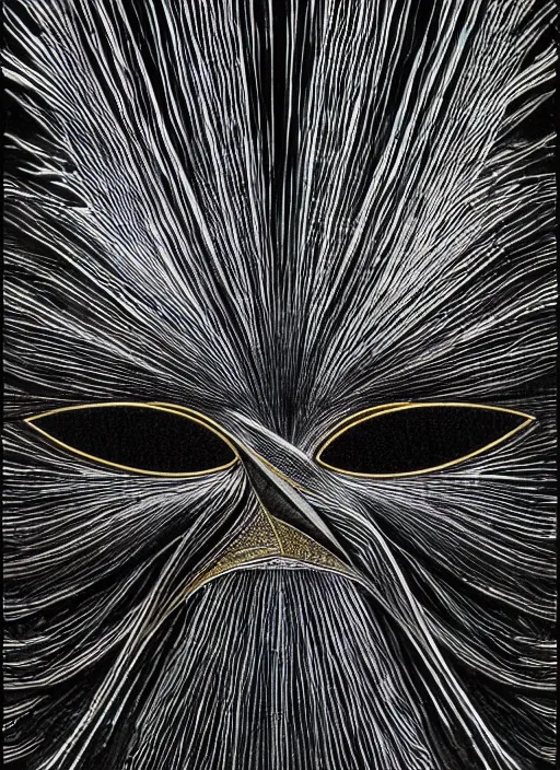 Image similar to black gold silver, crow portrait!!!!!, symmetrical, award - winning painting, abstract, gold and silver shapes, rectangles, geometry, elegant, luxurious, beautiful, pitch black background, dali