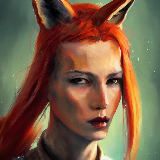 Image similar to a painting of a woman with a fox on her head, cyberpunk art by Sam Spratt, featured on Artstation, furry art, darksynth, artstation hd, 2d game art