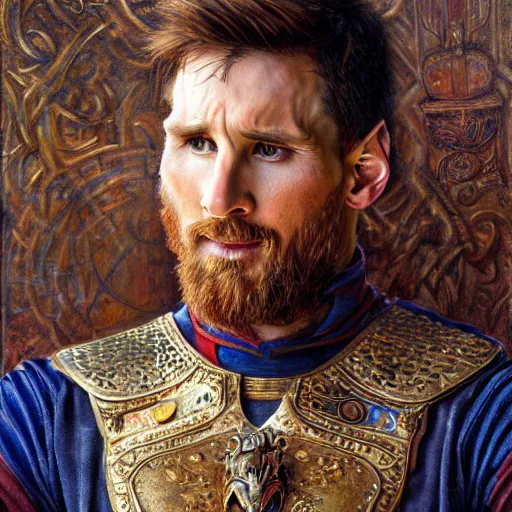 Image similar to attractive lionel messi as attractive king arthur pendragon, natural lighting, high quality, very detailed painting, by gaston bussiere, donato giancola, j. c. leyendecker