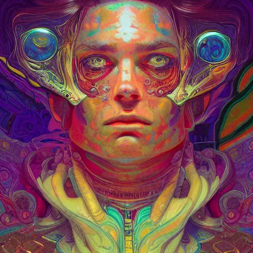 Image similar to An extremely psychedelic experience, colorful, surreal, dramatic lighting, cosmonaut, LSD, face, detailed, intricate, elegant, highly detailed, digital painting, artstation, concept art, smooth, sharp focus, illustration, art by Sam Spratt, Dan Mumford, Artem Demura and Alphonse Mucha