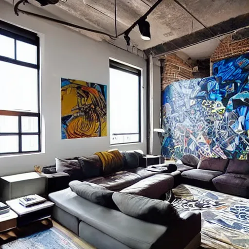 Prompt: trendy downtown loft with modern murals on the wall, modern art and patterns, interior design, juxstapoze magazine