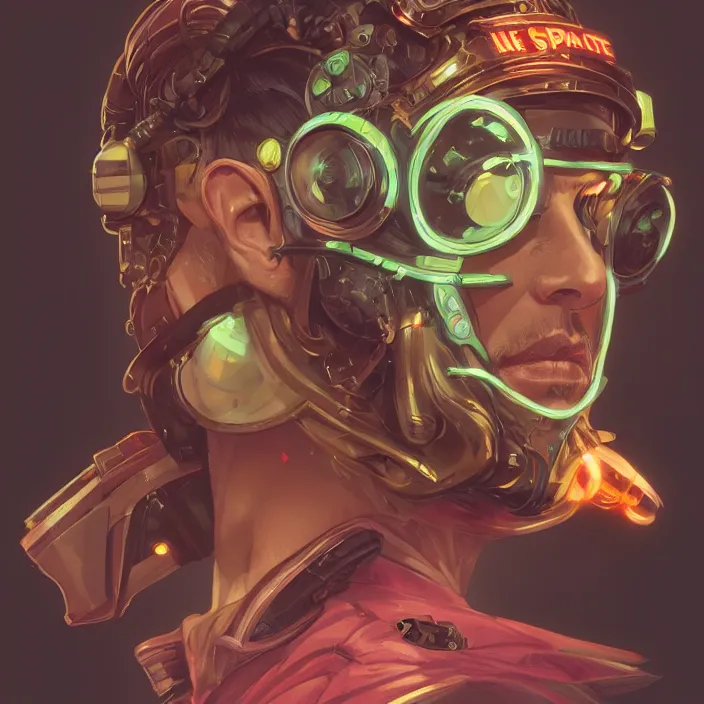 Prompt: a head and shoulders portrait of a space pirate, neon, retro, steampunk, smooth, sharp focus, intricate, artstation, detailed concept art by Rutkowski and Mucha and sky sewa and Darwin Cellis