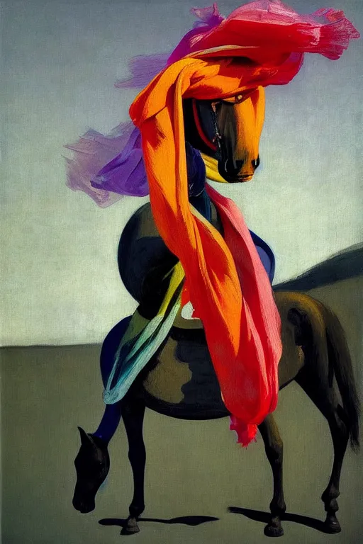 Prompt: scarf in the form of a horse around the neck of an astronaut, highly detailed painting by francis bacon, edward hopper, adrian ghenie, gerhard richter, and james jean soft light 4 k,