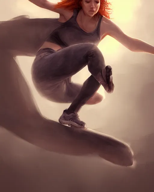 Prompt: female parkour, perfect face, halter top, ginger hair, grey eyes, cinematic, stunning, agile, highly detailed, digital painting, artstation, smooth, hard focus, illustration, art by jessica rossier and and brian froud