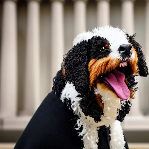 Image similar to a closeup photorealistic photograph of a cute smiling knitted bernedoodle judge dog dressed in a black gown, presiding over the courthouse. indoor image, professional capture, well lit shot. this 4 k hd image is trending on artstation, featured on behance, well - rendered, extra crisp, features intricate detail, epic composition and the style of unreal engine.