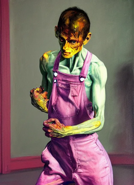Prompt: an expressive skinny artist wearing overalls physically fighting with a ghost, inside a grand studio, depth of field, hauntingly surreal, highly detailed oil painting, by francis bacon, edward hopper, adrian ghenie, glenn brown, soft light 4 k, green and pink colour palette, cinematic composition, cinematic lighting, high quality octane render, masterpiece