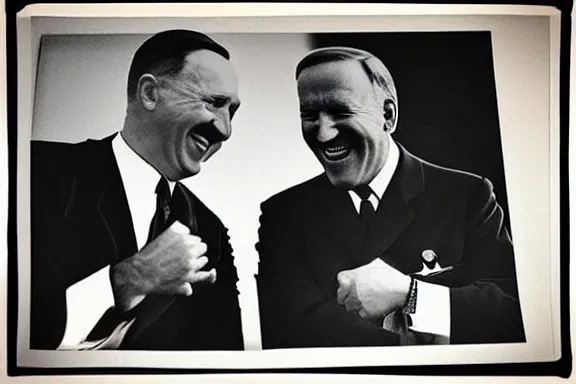 Image similar to “ very very intricate photorealistic photo of hitler and joe biden laughing together, detailed natural lighting, award - winning crisp details ”