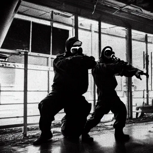 Prompt: a man wearing a hazmat suit and gasmask aiming a pistol, film still, cinematic, gritty