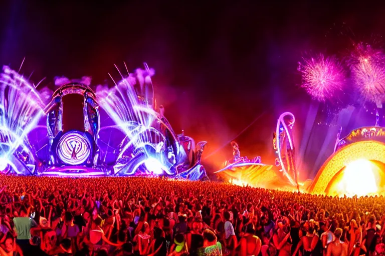 Prompt: the Tomorrowland Mainstage, cinematic lighting, lasers, night-time, festival, Tomorrowland, mainstage, colorful, epic composition