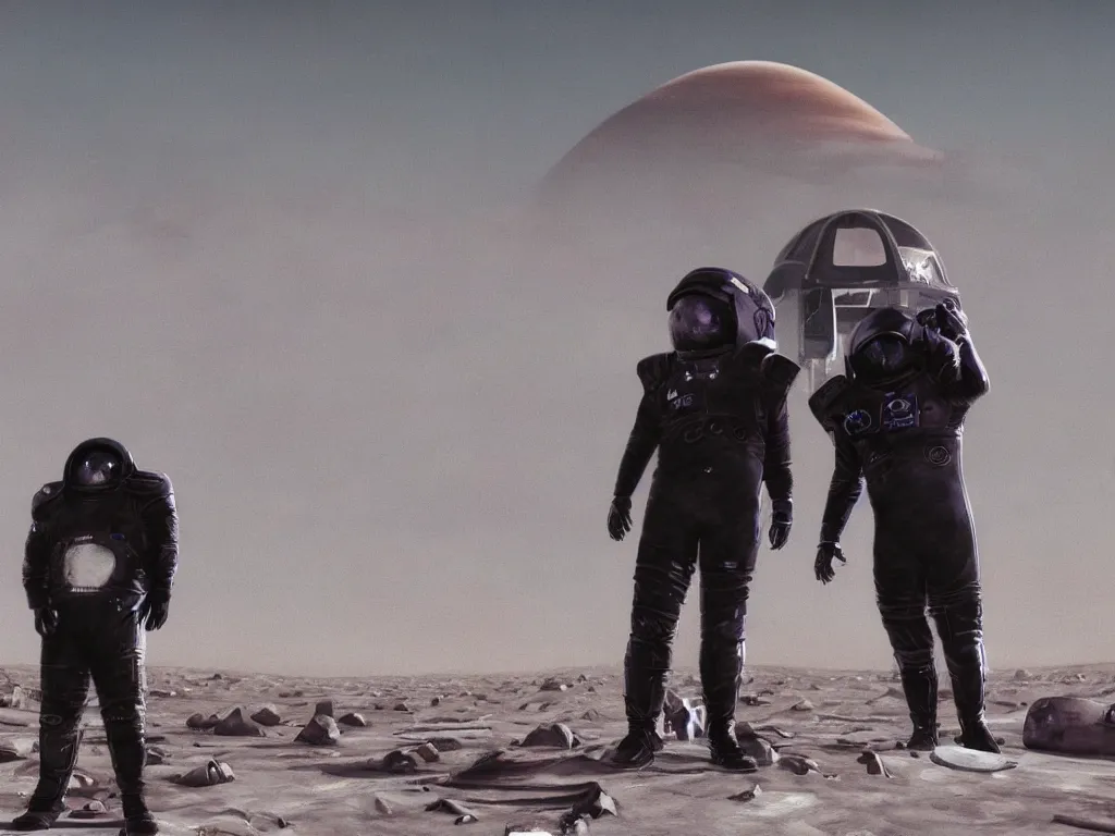 Image similar to two chubby teenagers with emo haircuts wearing gothy purple and black space spandex suits, standing next to smoldering spacecraft wreckage, on the surface of mars, sunset, sand storm approaching, magnificent white futuristic cityscape in the bakground, highly detailed, dramatic lighting, photorealistic, cinematic