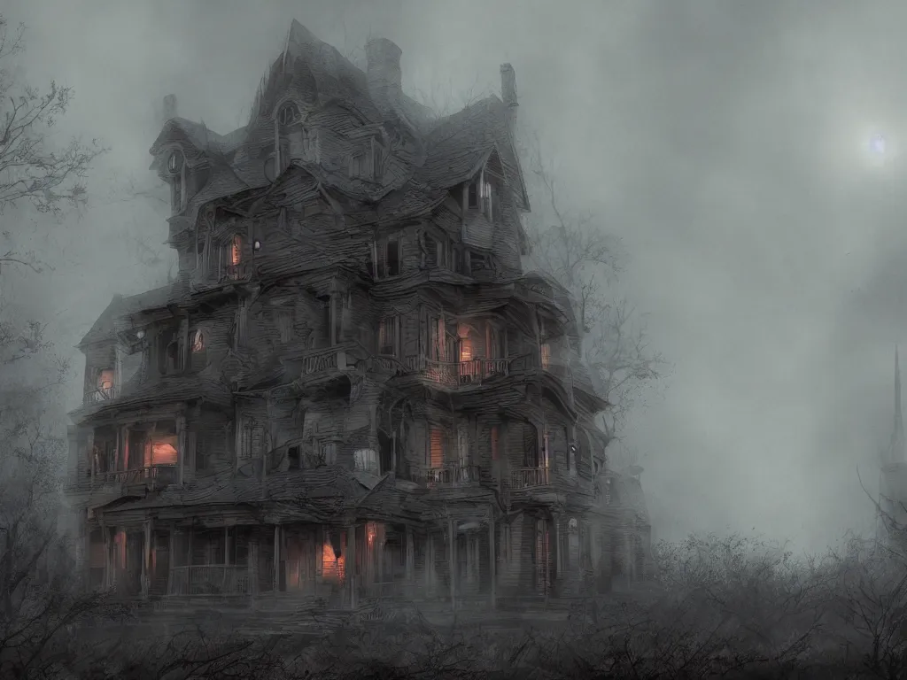 Prompt: house on the haunted hill, horror, creepy, surreal, dreamscape, high quality, ultradetailed, sharp, artstation, 8 k, volumetric fog