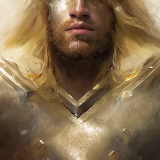 Prompt: portrait of a big, long haired blonde man wearing a thick leather armor, digital art by Ruan Jia