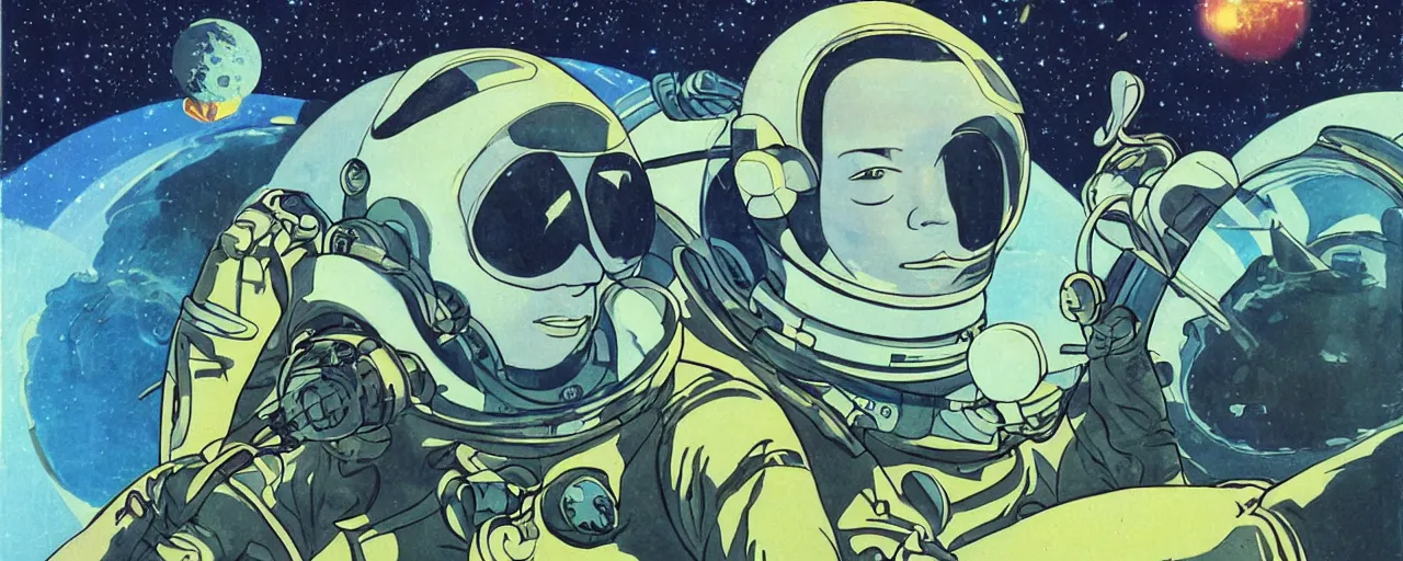 Prompt: a portrait of astronaut pilot on field spaceship station landing laying lake artillery outer worlds in FANTASTIC PLANET La planète sauvage animation by René Laloux