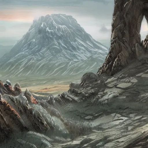 Image similar to man with scars exploring a land where he got a mountain like the mordor to explore, gege akutami style, overdetailed art, realistic, colorfull,