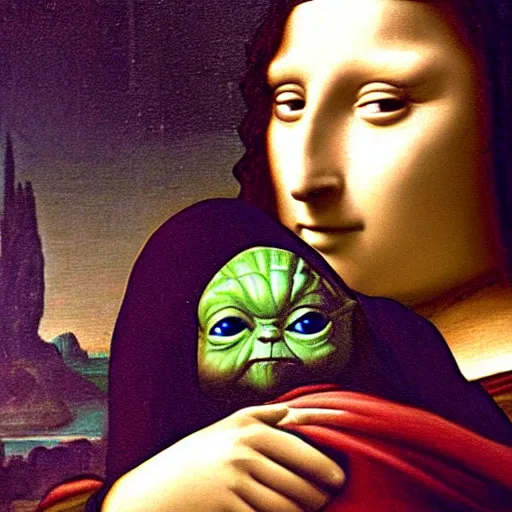 Prompt: painting of the Mona Lisa carrying Baby Yoda in the style Leonardo Davinci