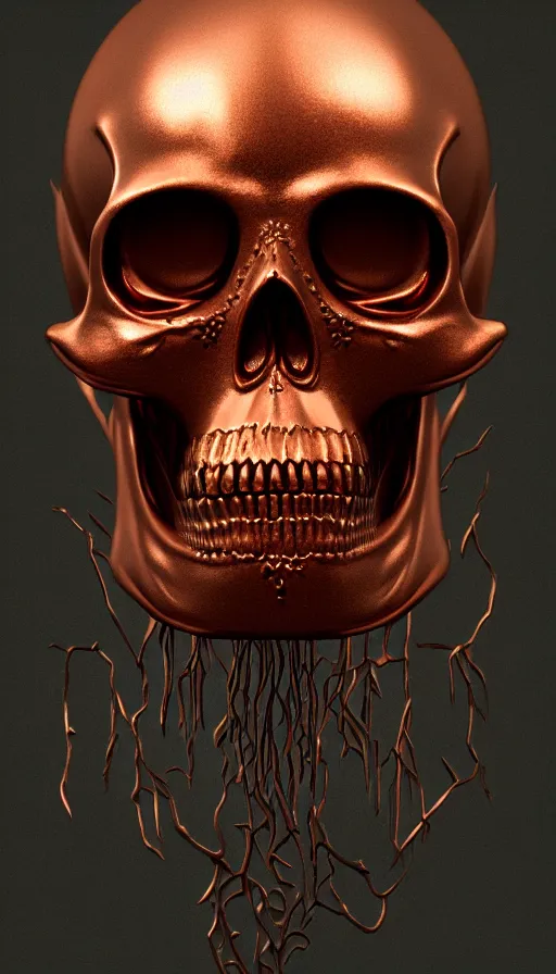 Image similar to portrait of a carved copper skull. intricate detail. melting. by Tooth Wu, wlop, beeple, dan mumford. octane render, trending on artstation, greg rutkowski very coherent symmetrical artwork. cinematic, hyper realism, high detail, octane render, 8k, depth of field, bokeh.