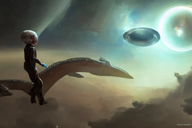 Prompt: character design, a human pilot back turned, holding a helmet, he walks towards his craft, helmet in hand, pterosaur styling on the space suit, kanji insignia and numbering, Raymond Swanland and Jessica Rossier nebula like clouds in space background near a ringed gas giant, hyper detailed hyper detailed, 8k, ultra realistic, cinematic lighting, ultra wide 35mm lens, Boeing Concept Art, Lockheed concept art
