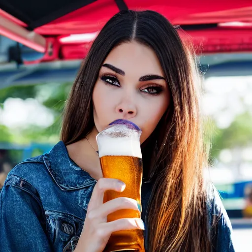 Image similar to 4k,ultra detailed portrait of Madison Beer drinking beer at the parking lot by Rachel Ruysch