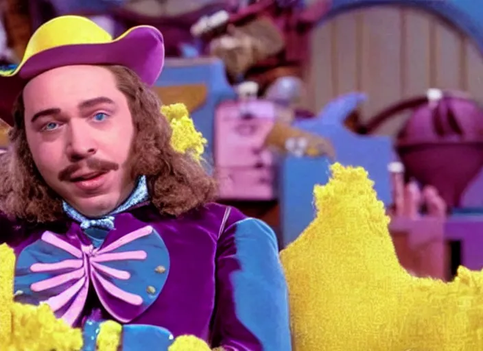 Image similar to film still of Post Malone as Willy Wonka in Willy Wonka and the Chocolate Factory 1971