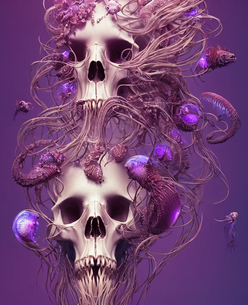 Image similar to goddess close-up portrait animal skull. jellyfish phoenix head, nautilus, orchid, skull, betta fish, bioluminiscent creatures, intricate artwork by Tooth Wu and wlop and beeple. octane render, trending on artstation, greg rutkowski very coherent symmetrical artwork. cinematic, hyper realism, high detail, octane render, 8k