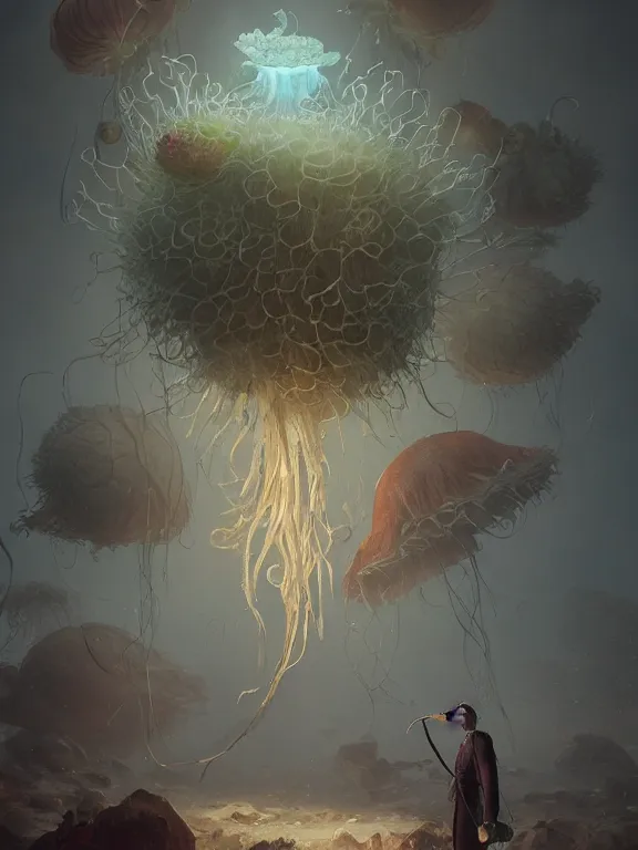 Image similar to a fancy portrait of a giant floating flower and jellyfish by Greg Rutkowski, Sung Choi, Mitchell Mohrhauser, Maciej Kuciara, Johnson Ting, Maxim Verehin, Peter Konig, Bloodborne, beeple, 8k photorealistic, cinematic lighting, HD, high details, atmospheric , trending on artstation. made in Maya, Blender and Photoshop, octane render, excellent composition, cinematic dystopian brutalist atmosphere, dynamic dramatic cinematic lighting, aesthetic, very inspirational, arthouse. y Greg Rutkowski, Ilya Kuvshinov, WLOP, Stanley Artgerm Lau, Ruan Jia and Fenghua Zhong