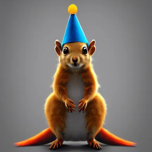 Image similar to a squirrel with a party hat on its head, hyperdetailed, artstation, cgsociety, 8 k