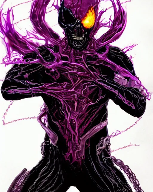 Image similar to ghost rider symbiote, purple and red variant, dynamic lighting, fantasy concept art, trending on art station, stunning visuals, creative, cinematic, ultra detailed, comic strip style