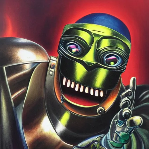 Prompt: beautiful lifelike painting of mf doom sets phaser to stun, hyperreal detailed facial features and uv lighting, art by ed roth and basil wolverton