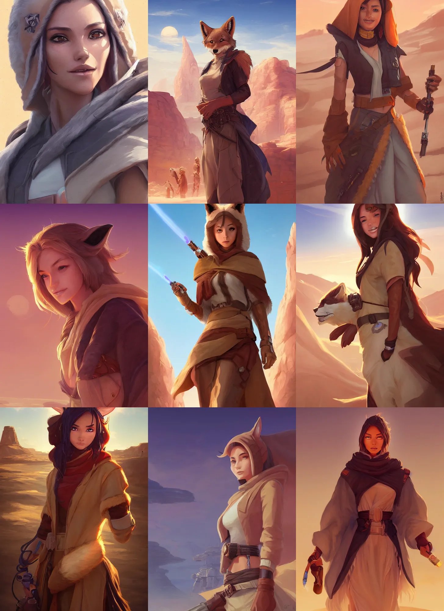 Prompt: beautiful portrait of a female anthropomorphic furry coyote wearing jedi robes in a desert future town. character design by charlie bowater, ross tran, artgerm, and makoto shinkai, detailed, soft lighting, rendered in octane