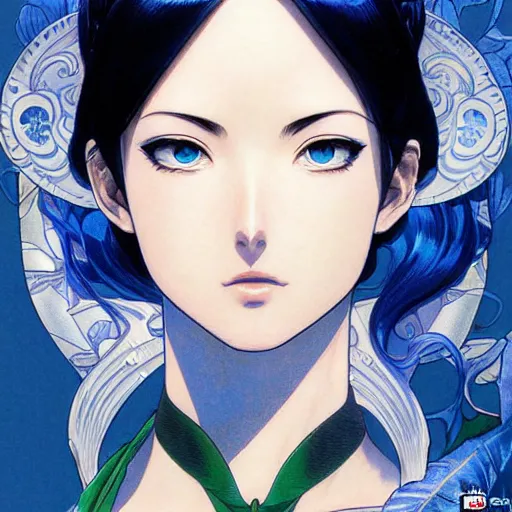 Image similar to highly detailed vfx portrait of nico robin by eiichiro oda!, makoto shinkai, alphonse mucha, sharp focus, art by artgerm and greg rutkowski!, backlit, harsh overhead sunlight, blue eyes!!, large aquiline nose!!, stanley kybric, kaoru mori, shadows, best of behance,