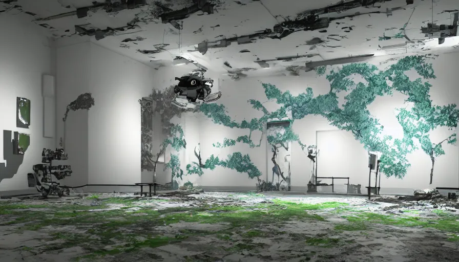 Image similar to robotic painters draw lush landscapes in an abandoned art gallery, 4 k, cinematic lighting