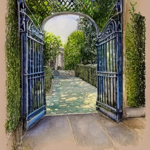 Image similar to delicate, chairs, garden, paved, botanic watercolors, iridescent, 8 k, realistic shaded, fine details, artstation, italian, iron gate, tree, mediterranean, neon