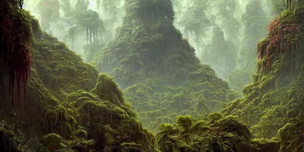 Image similar to a expressive landscape of mayan ancient jungle, artstation, award - winning realistic sci - fi concept art by jim burns and greg rutkowski, beksinski, a realism masterpiece, expressive color palette, james gilleard, bruegel, alphonse mucha, and yoshitaka amano