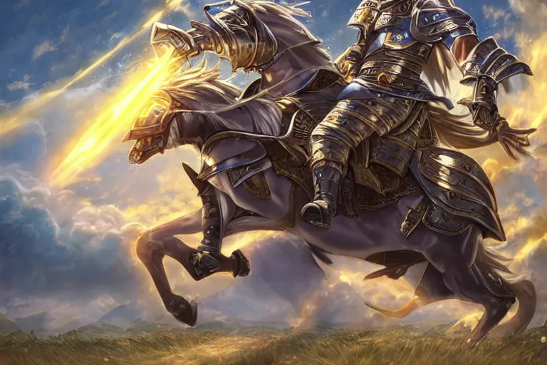 Image similar to an ultra detailed portrait of king richard the lionhearted as a paladin shonen anime protagonist charging into battle wearing bright gold armor and riding a horse blessed by god, epic anime fantasy, 8 k, volumetric lighting, smooth, highly detailed, digital illustration, art by kentaro miura and akira toriyama and artgerm