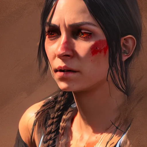 Prompt: tan woman with long dark hair and dark eyes in Red Dead Redemption 2, hyper detailed, concept art, 8k, artstation, cgsociety