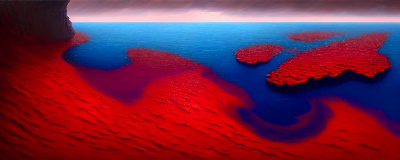 Image similar to A gorgeous detailed oil painting of a dark red sea covered in big blue steep rocks, the further away the mistier it gets, surreal, concept art, dark aesthetic, atmospheric, moody, highly detailed, masterpiece, award winning, 4k