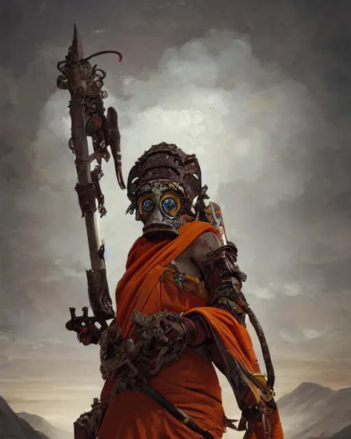 Image similar to hyper realistic photo of postapocalyptic tibetan monk cyborg girl with indonesian demon mask, sword and shield, full body, cinematic, artstation, cgsociety, greg rutkowski, james gurney, mignola, craig mullins, brom