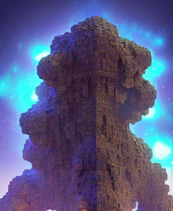 Image similar to giant fractal bismuth golem consists of bismuth geodes, fractalization, extremely high details, masterpiece, photorealistic, hyperrealism, vray, octane render, volumetric lighting, depth of field, bokeh, artstation, cgsociety by johannen voss, michael whelan, greg broadmore, frank frazetta