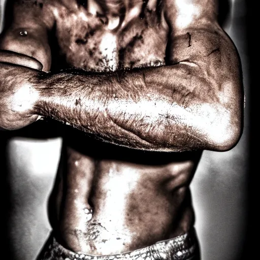 Prompt: close up portrait of boxer after boxing with brews blood sweating, photography photojournalism, very grainy image 120mm lens close up portrait