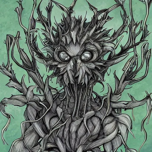 Image similar to A humanoid plant monster, highly detailed, digital art, sharp focus, trending on art station, thistle, artichoke, anime art style