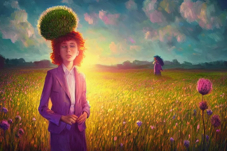 Image similar to portrait, giant thistle flower under head, a girl in a suit in field of flowers, surreal photography, sunrise, blue sky, dramatic light, impressionist painting, digital painting, artstation, simon stalenhag