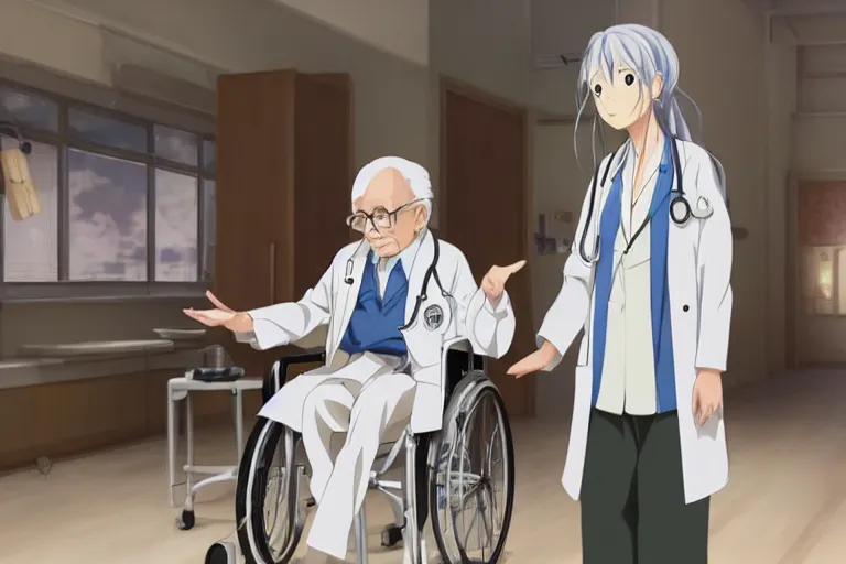 Image similar to a cute young female doctor wearing white coat, an old man of 80 years in a wheelchair, hospital ward, slice of life anime, cinematic, realistic, anime scenery by Naoshi Arakawa:8 and Makoto shinkai