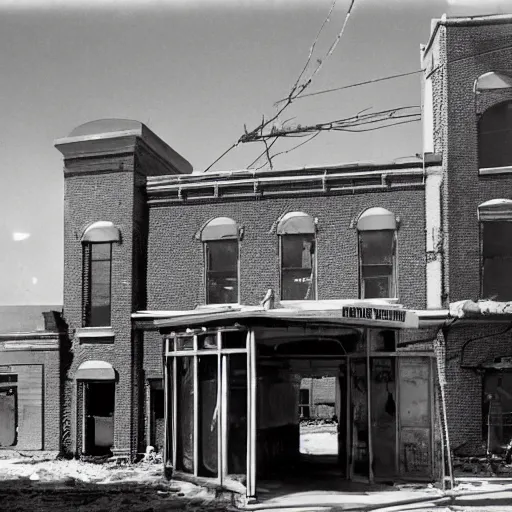 Prompt: a haunting dark cold picture of abandoned Sesame street, there are broken animatronics, 1936, old camera