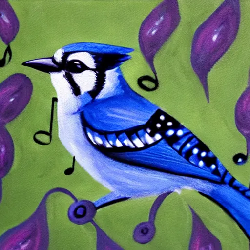 Image similar to painting of a bluejay surrounded by music notes