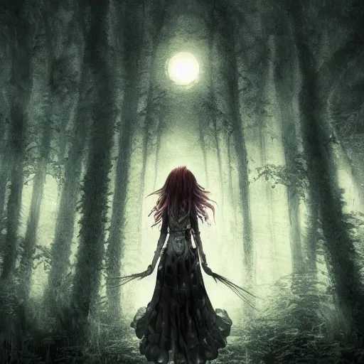 Image similar to goth woman in a moonlight view, in a forest, a river, tankoban, 4 k, tone mapping, akihiko yoshida, james jean andrei riabovitchev marc simonetti, yoshitaka amano, long hair, curly, h. hydrochaeri