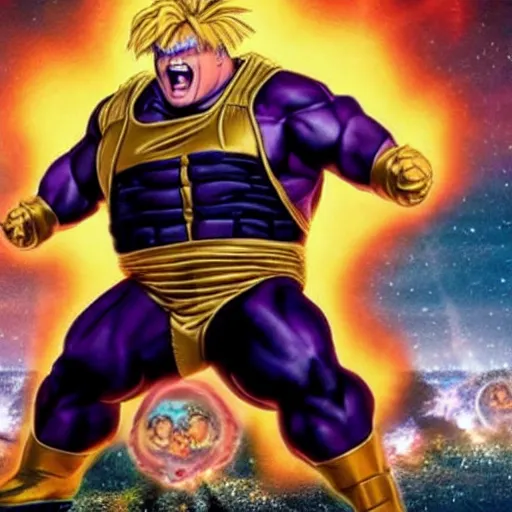 Prompt: Chris Farley as thanos going Super Saiyan (REUTERS), trending on ArtStation, trending on reddit, trending on twitter