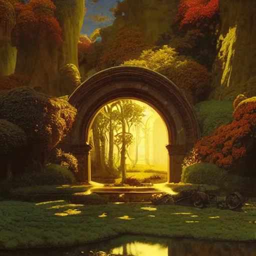 Image similar to a portal to another world glowing with magic. detailed. rule of thirds. intricate. sharp focus. wide angle. unreal engine 8 k. painting by maxfield parrish. wlop. greg rutkowski.