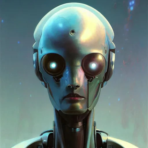 Image similar to expressive digital concept art portrait of a high - tech robot on a depth of field background, artstation, award - winning realistic sci - fi concept art by jim burns and greg rutkowski, beksinski, a realism masterpiece, expressive color palette, james gilleard, bruegel, alphonse mucha, and yoshitaka amano