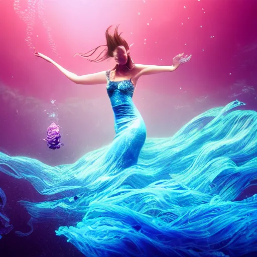 Image similar to beautiful realistic woman dancing underwater wearing a flowing dress made of blue, magenta, and yellow seaweed, delicate coral sea bottom, swirling silver fish, swirling smoke shapes, octane render, caustics lighting from above, cinematic