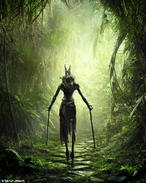 Image similar to a strong knight walking towards an ominous goddess in a densely overgrown, eerie jungle, fantasy, stopped in time, dreamlike light incidence, ultra realistic